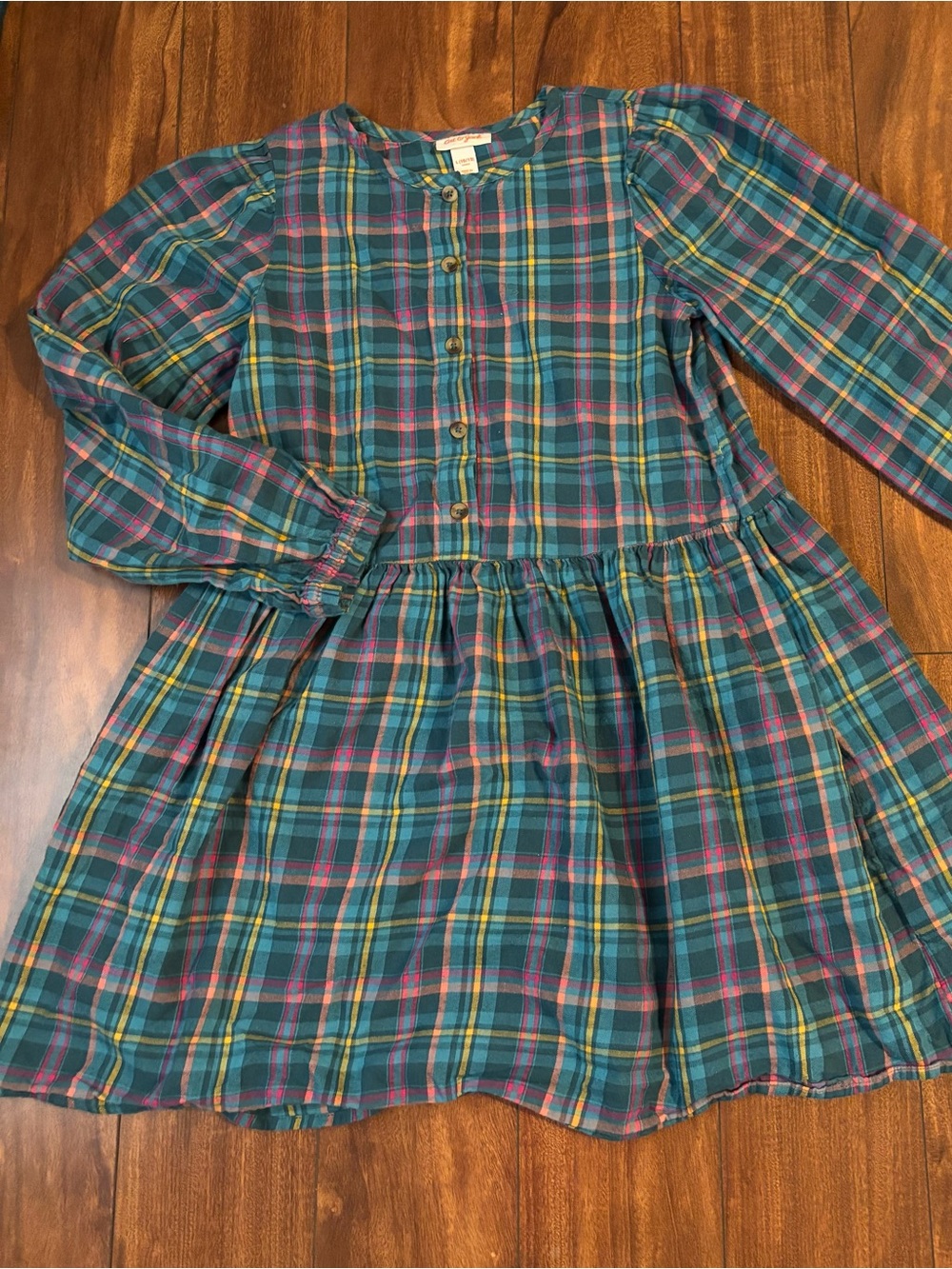 Cat & Jack Teal Plaid Button-Front Dress with Pink and Yellow Accents